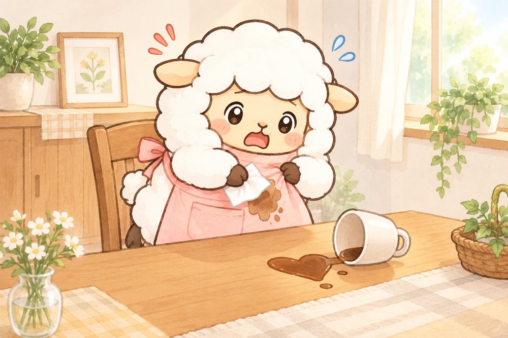 エプロンのコーヒーのシミをティッシュで押さえるナビ助