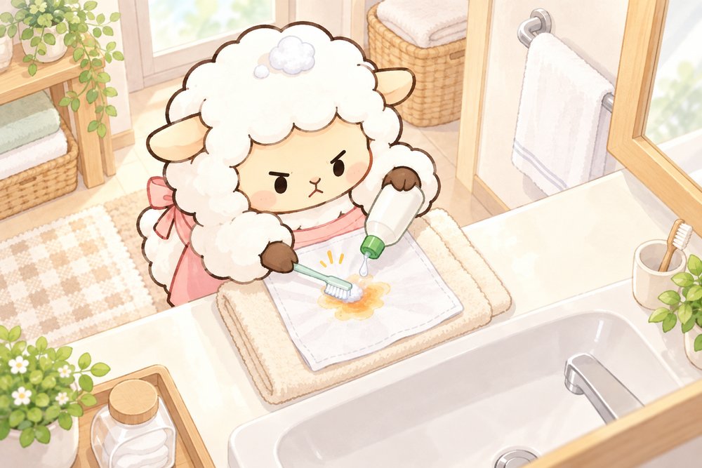 油のシミを歯ブラシでたたいてタオルに移すナビ助